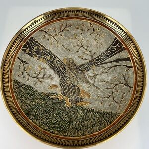 Enameled Artistic Raised Bird Finch Design Metal Solid Brass Bowl 9.25”